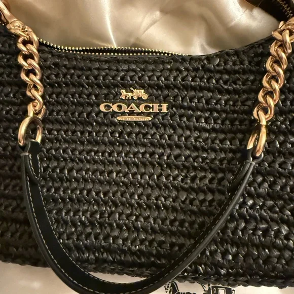 🖤Coach NWT Teri Black Woven Shoulder Bag with crossbody Gold Hardware &Bow Charm - Picture 5 of 7